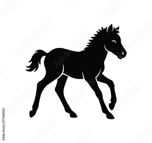 wild pony foal flat black solid vector illustration isolated on white background