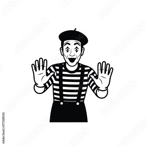 Monochrome vector illustration of a mime artist with hands up wearing a striped shirt and beret isolated on white background