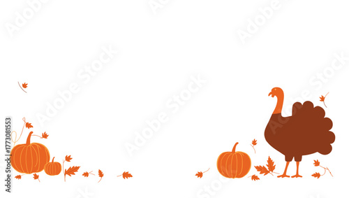 Icon of Thanksgiving turkey copy space and pumpkins with autumn leaves on white background  