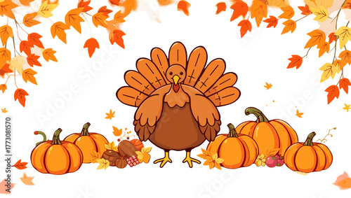 Cartoon turkey standing among pumpkins with autumn leaves in background  