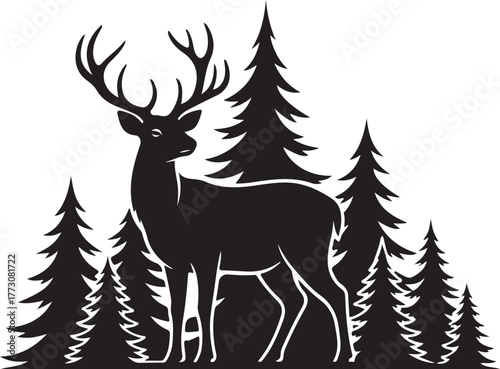 Majestic Deer Silhouette in a Forest of Evergreen Trees Design