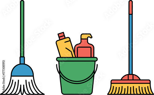 Cleaning supplies including two mops and a bucket of cleaning products are depicted.