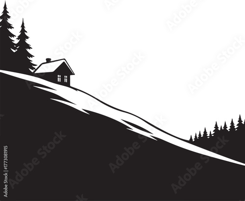 Winter cabin in the mountains simple monochrome vector illustration design