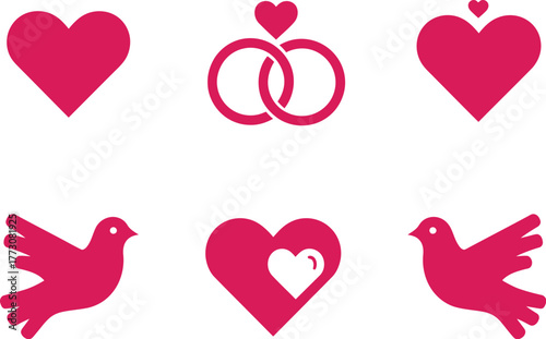 Set of romantic icons depicting hearts, wedding rings, and doves