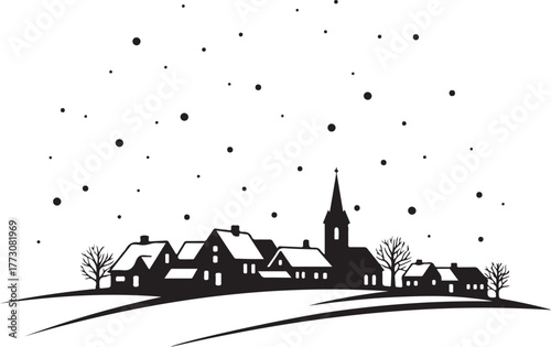 Winter village scene with falling snow black and white illustration