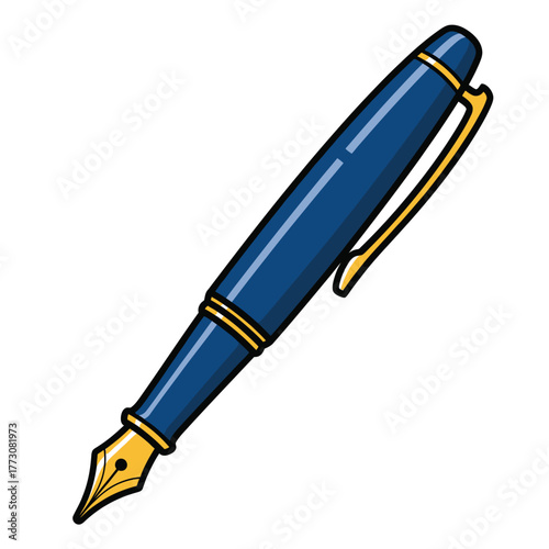 Blue fountain pen illustration classic writing instrument with golden nib isolated on white background