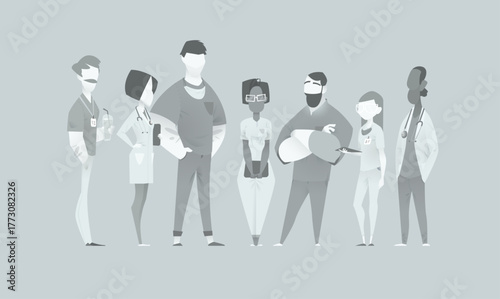 Vector illustration of seven medical professionals standing in a row — doctors, nurses, and healthcare staff in neutral tones, faceless characters for team or hospital design concepts.