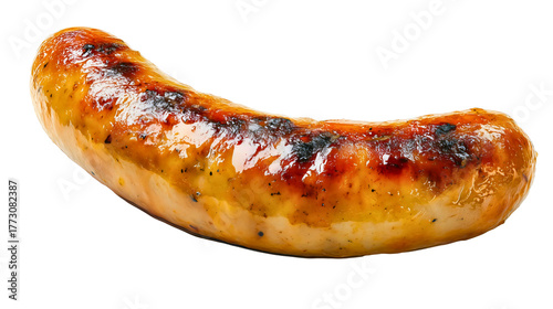 A single cooked sausage isolated on a white background, a delicious and juicy grilled bratwurst, a savory pork or beef product from a barbecue, a concept of a simple and tasty fast food meal.