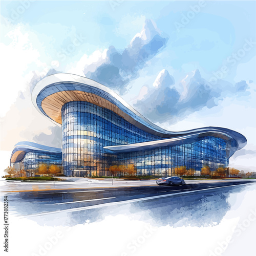 Qatar National Convention Centre, watercolor drawing vector, isolated on a white background.