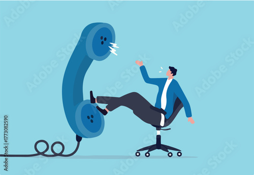 Job interview via phone call or conference meeting on telephone concept, smart confidence businessman job candidate answer interview questions with big telephone from recruiter or employer.