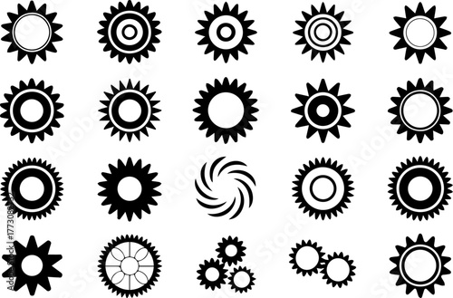 Collection of black vector gear and cogwheel silhouette icons set
