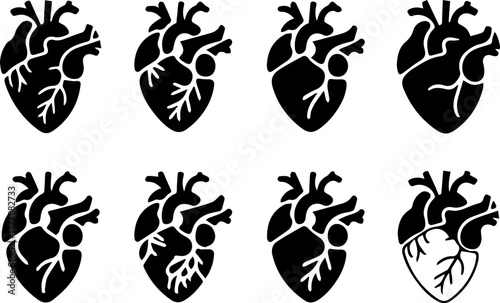 Collection of anatomical human heart glyphs and vector icons