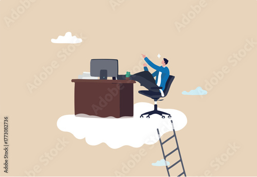 Dream job or ideal work, perfect workplace or career success, opportunity for best job, promotion or aspiration concept, success businessman working dream job on his desk on the cloud with ladder.