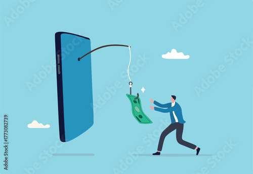 Mobile phone banking scam, fraud link to steal money, phishing bait website or online crime, thief steal money from mobile banking app concept, mobile smartphone with fishing bait scam money threat.