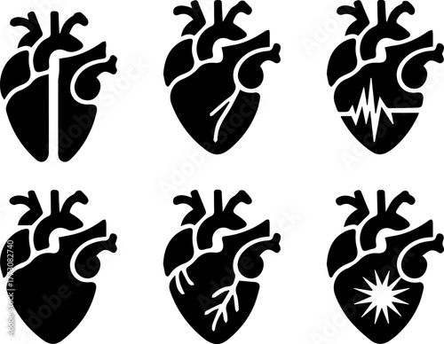 Anatomical human heart icon set with cardiology health symbols