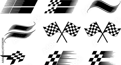 Dynamic racing symbols and checkered finish line flag designs