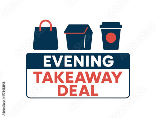 Flat vector banner design text EVENING TAKEAWAY DEAL supporting icons of bag box and cup navy and red palette