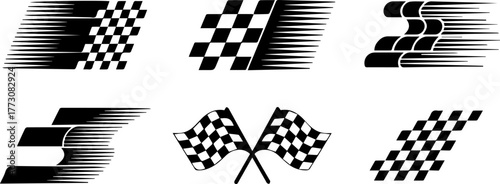 Set of checkered racing flags with dynamic speed motion trails