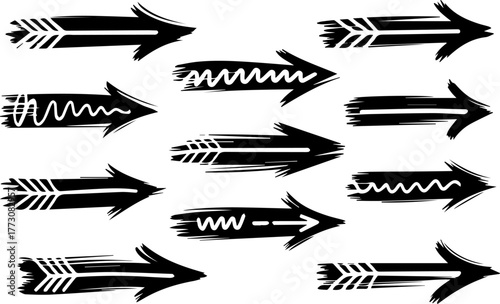 Collection of hand-drawn black arrows with brush stroke texture