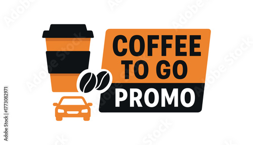 Flat vector banner design text COFFEE TO GO PROMO supporting icons of takeaway cup beans and icon orange and black tones