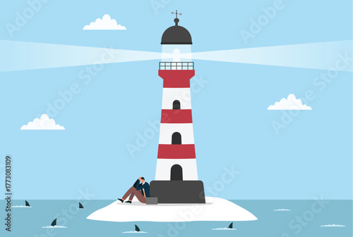 Vector illustration of a depressed businessman sitting under a lighthouse on a small isolated island surrounded by dangerous sharks, symbolizing loneliness, anxiety, danger, and business crisis
