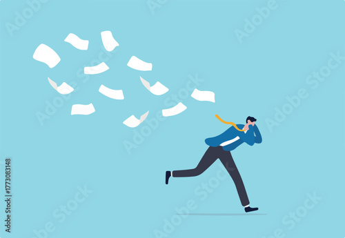 Overwhelmed or work overload, exhausted and anxiety, stressed and tired from problem and trouble, panic attack or shocked, burnout and depression concept, fearful businessman runaway from paperwork.