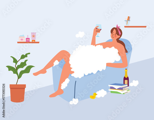 Relaxing Bubble Bath with Wine and Books