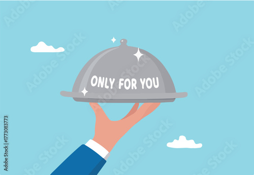 Special service only for you, best selection for business, consulting, advice or knowledge to be success, answer or solution concept, businessman hand serve dining tray with the word only for you