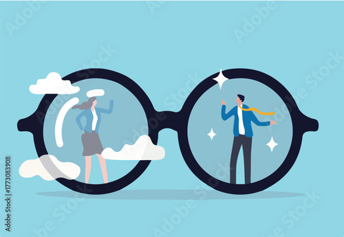 Gender bias, sexism inequality in workplace and social, prejudice, stereotyping, or discrimination against women concept, eyeglasses with clear vision on businessman and unclear blurry vision on woman
