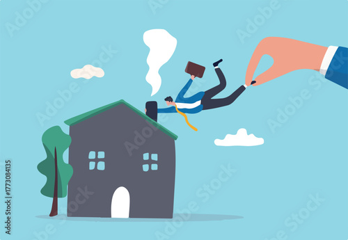 Company request employee back to work in the office in post pandemic, stop work from home concept, big boss hand pulling employee from home back to work in office.