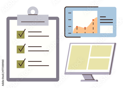 Checklist clipboard, data graph on screen, desktop monitor with workflow layout. Ideal for productivity, task planning, organization, analytics, performance review, teamwork flat minimal design