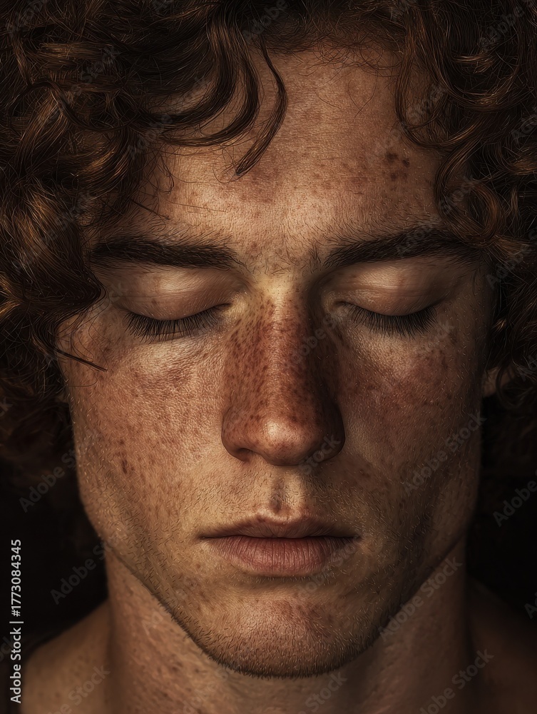 Obraz premium Portrait of a young man with curly hair and freckles closing his eyes, conveying feelings of tiredness, peacefulness, or contemplation