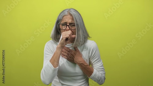 Woman coughing into hand and clutching chest while wearing white shirt in lime green studio; illness concern breathing.