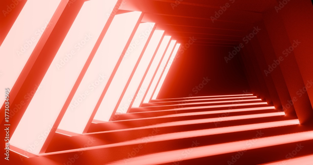 Fototapeta premium Futuristic interior background red lights glowing in black tunnel 3d render 