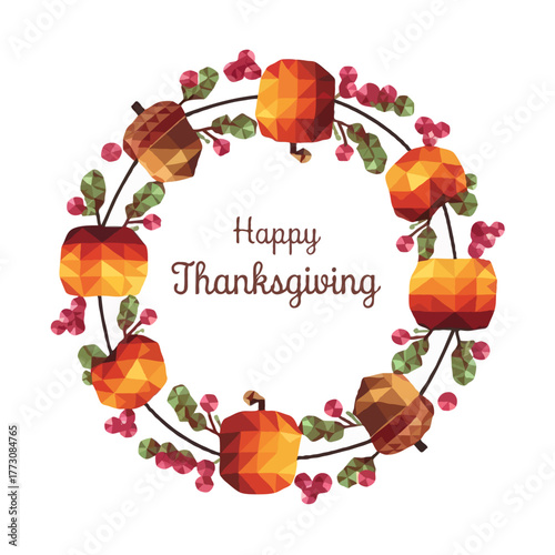 Watercolor thanksgiving wreath with pumpkins berries and leaves featuring the text happy thanksgiving isolated on white background