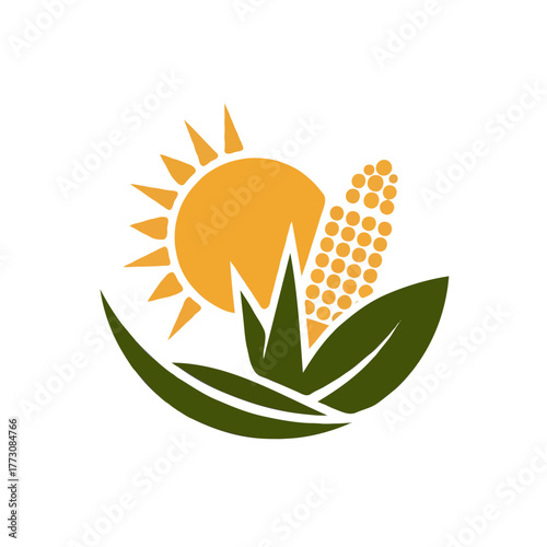 Stylized agricultural logo featuring a bright sun behind a ripe corn cob and green leaves representing harvest and growth isolated on white background