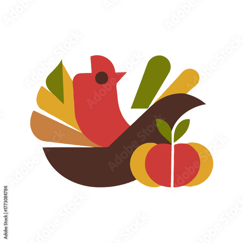 Stylized abstract illustration of a thanksgiving turkey with colorful autumn feathers and a small green sprout growing from an apple isolated on white background