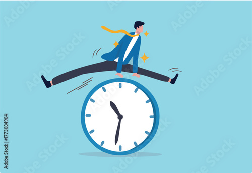 Smart time management, success in work strategy on business deadline or working time efficiency concept, smart happy and confidence businessman employee worker jump over time passing clock