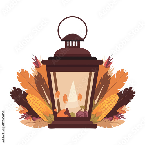 A rustic dark brown metal lantern with a lit candle inside surrounded by autumn harvest elements like corn and leaves isolated on white background