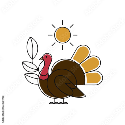 Whimsical cartoon illustration of a brown turkey with a red wattle and yellow tail feathers standing next to a branch with leaves and a bright sun isolated on white background