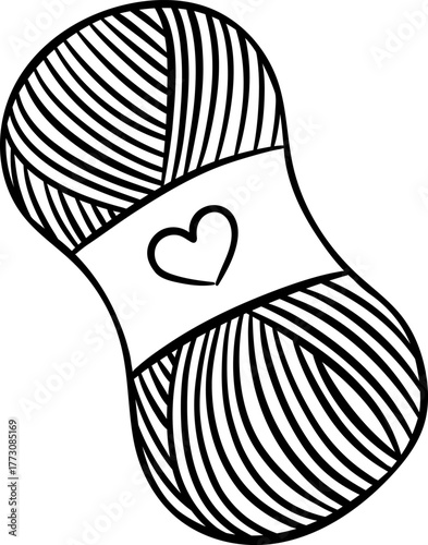 Hand-drawn black and white icon of a skein of yarn for knitting, sketch style illustration of wool thread for handicrafts. Simple doodle for knitting and crochet concepts