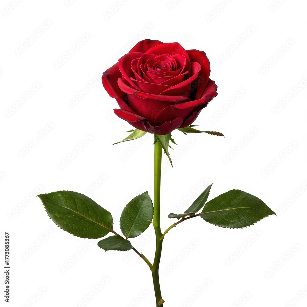 Naklejka premium A beautiful single red rose with rich velvet petals displayed prominently against a stark, pure white background. Minimalist styling ,anniversary ,still life ,vibrant