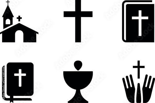 Religious symbols representing Christianity, including a church, cross, and bible.