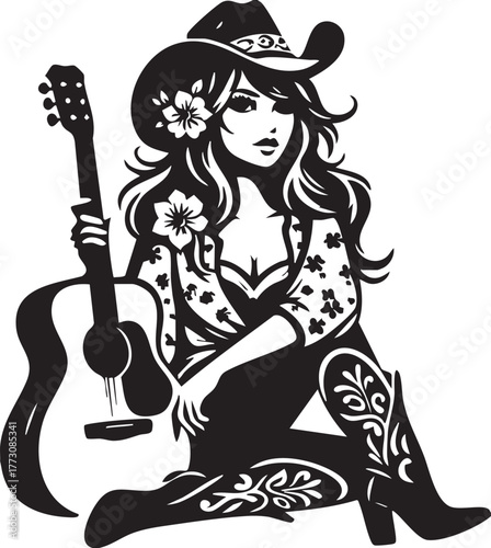 Western Cowgirl with Guitar Vector — Black and White Line Drawing of Woman in Cowboy Hat, Floral Shirt, and Stylized Boots