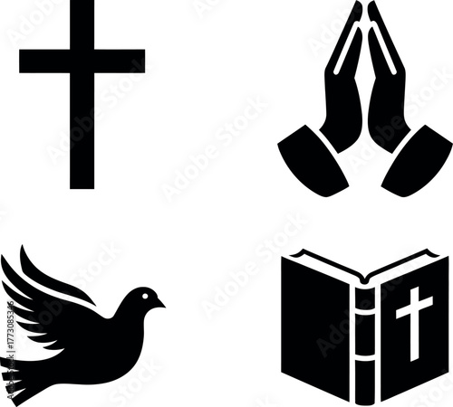 A collection of Christian symbols including a cross, praying hands, a dove, and an open bible.