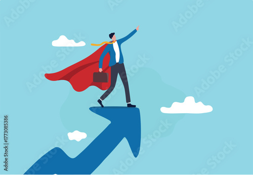 Success leader, business professional with super power, company hero who succeed in work and achieve career growth concept, confident businessman superhero with powerful red cape stand on growth arrow
