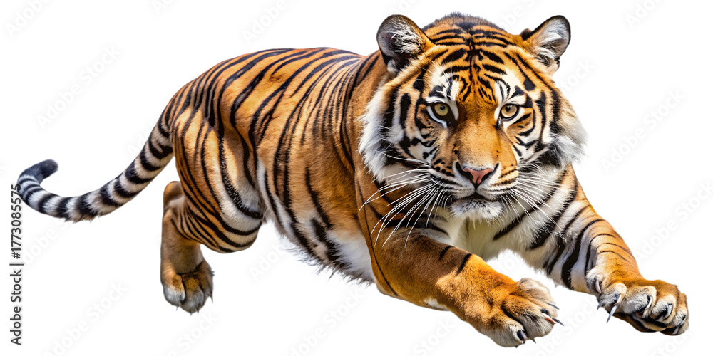 Obraz premium Tiger is running isolated on transparent background, showing its strength and agility