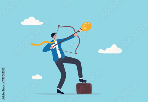 Launch new business idea, creativity to solve problem or creative mind to aim for new goal concept, confidence business man archery aiming lightbulb idea arrow to high target.