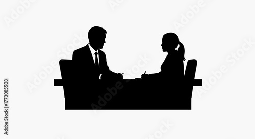 Two business professional silhouettes, a man and a woman, seated at a desk, signing papers