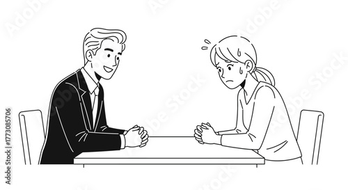 Illustration of a smiling man and a nervous woman sitting at a table, possibly in an interview or discussion